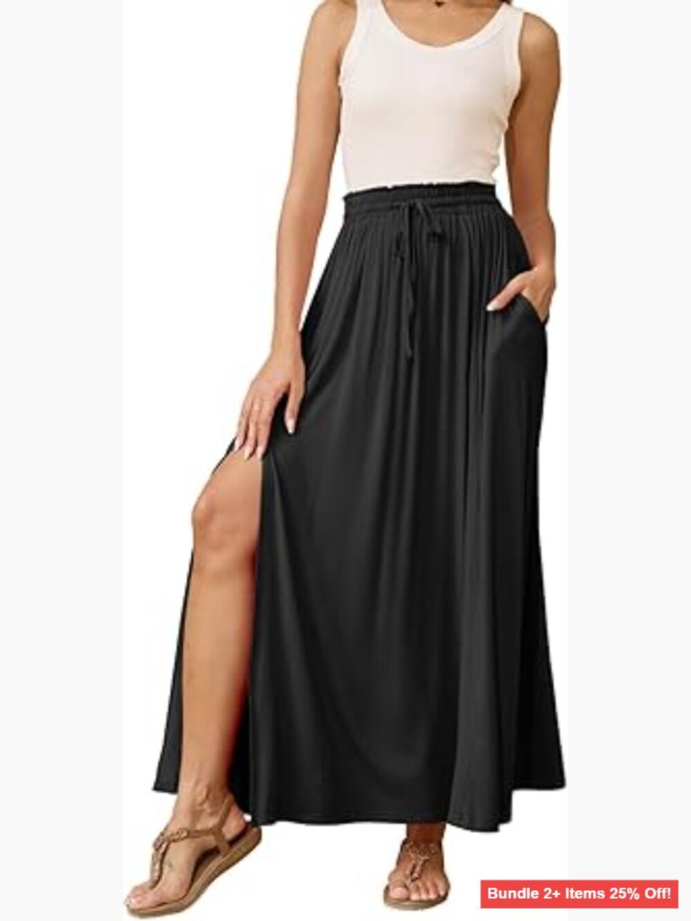 Maxi Skirt with Pockets Elastic Waist A-Line High Slit Flowy Long Skirt